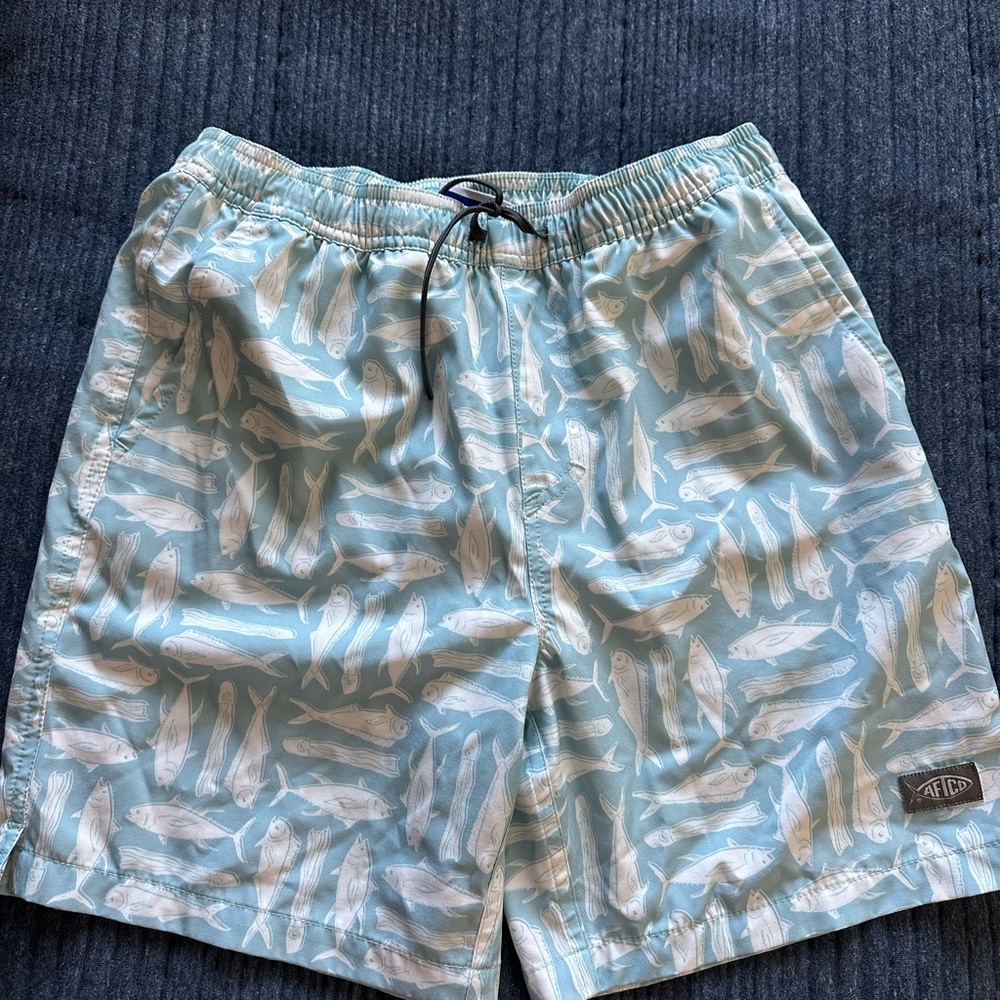 AFTCO Light Blue Fish Print Swim Trunks youth extra large